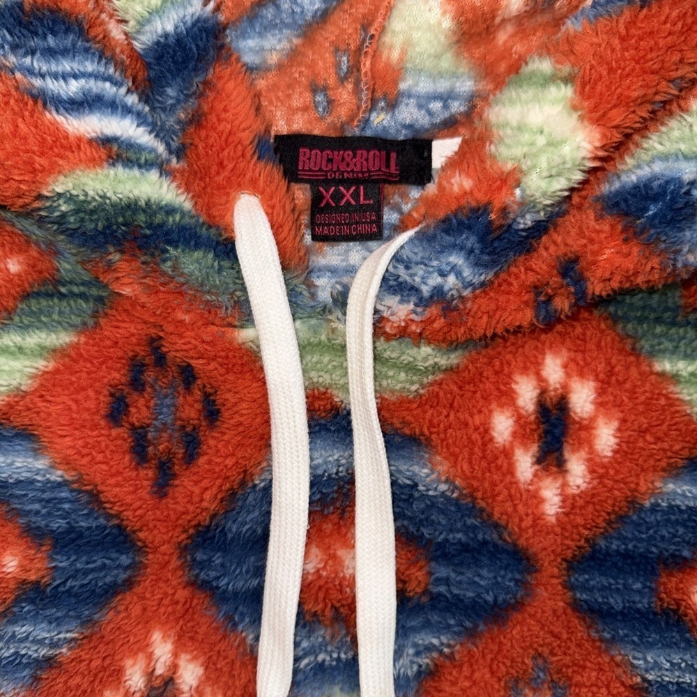 Rock &‎ Roll Denim Burnt Orange Teal Printed Sherpa Hoodie Aztec Size XXL - Picture 2 of 6